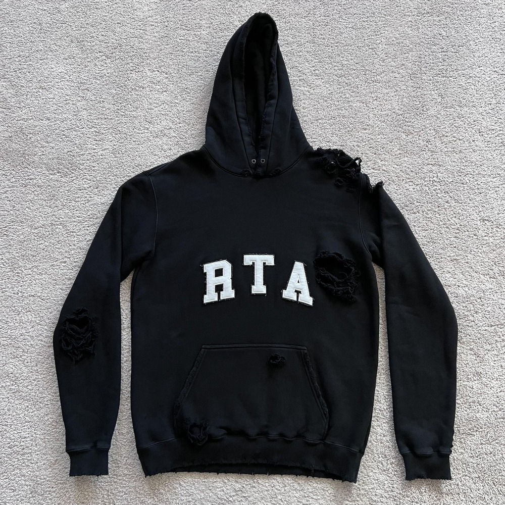 RTA Markus Hoodie Mens Small Black Distressed RTA Logo Fleece Pullover